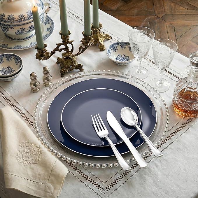 KIRE 200PCS Blue Plastic Plates with Silver Rim - Navy Blue Plastic Plates Include 100 Dinner & Dessert Plate - Heavy Duty Dark Blue Disposable Plate for Hanukkah/Parties/Wedding