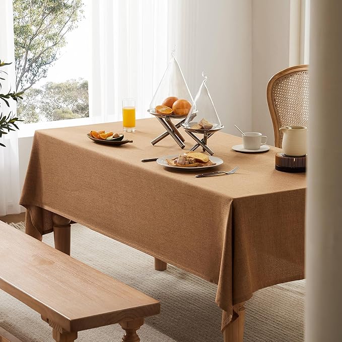 Linen Tablecloth for Rectangle Table, 60x104 Inch Caramel, Farmhouse Style Brown Tablecloth, Water Resistant Burlap Tablecloths for Dining Table Farmhouse Kitchen