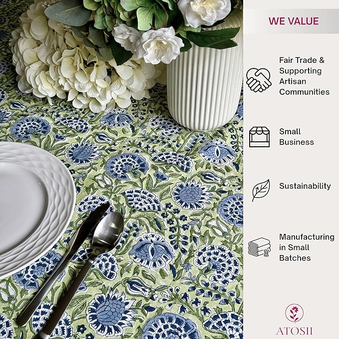 ATOSII Amara 100% Cotton Fall Tablecloth, Handblock Floral Print Rectangle Linen for Kitchen Dining I Parties Wedding Outdoors Picnics Easter I Spring Summer 72 X 108 Inches I 8 Seater Table