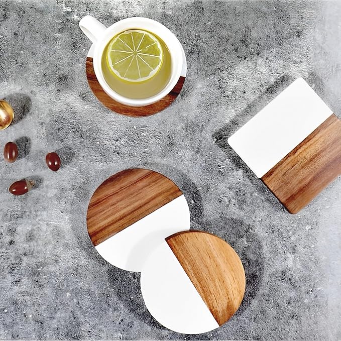 I-LAN 8Packs Round Natural Wood and Marble Style Drink Coasters for Coffee Wooden Table, Drink Bar Coaster Set/Tea Table Coasters for Living Room,Beer Cans,Bar Glasses,4 x 4 Inch