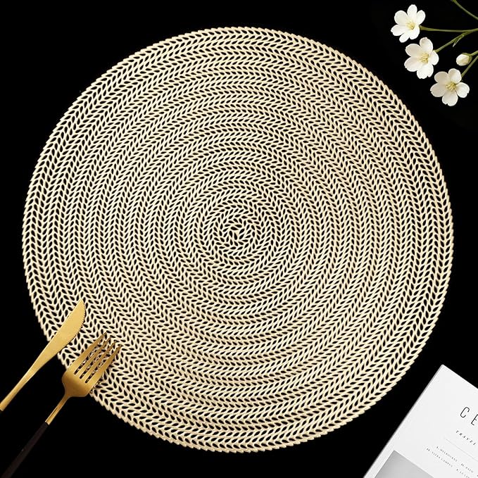 FAVE 6PCS Gold Vinyl Round Placemats, Wheat Sheaf Design 15 Inch Placemats Set of 6 Washable for Dining, Events, Banquet, Home & Daily Use (Gold Wheat,6pcs)