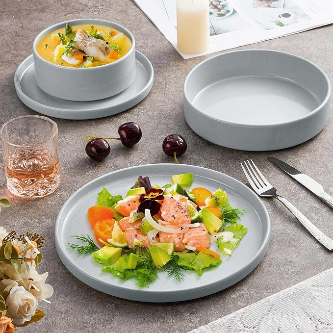 Herogo Stoneware Dinnerware Set with Salad Bowls, Kitchen Dinner Dish Set for 4, 16 Piece Plates and Cereal Pasta Bowls, Chip & Scratch Resistant Dishware, Speckled Light Gray