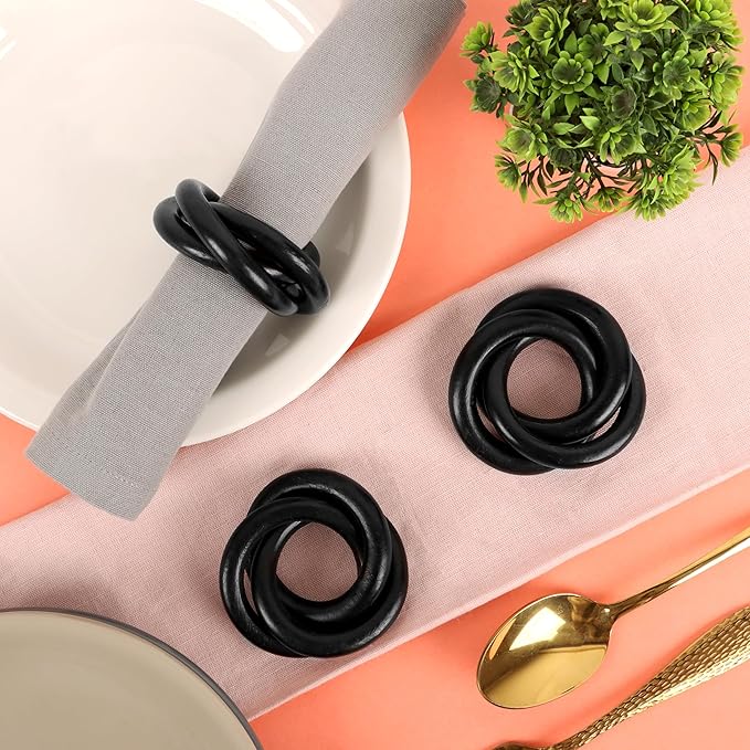 Alpha Living HOM Three Ring Wooden Napkin Rings Set of 12 - Napkin Holder Cuffs for Dinner Table Décor - Rustic Modern Serviette Rings for Weddings, Parties, Receptions, Banquets (Black)