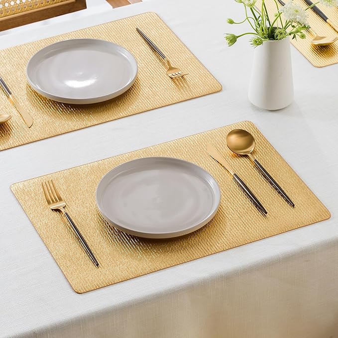 Jovono Faux Leather Placemats Set of 6, Waterproof Washable Table Mats, Easy-Clean Heat Resistant Kitchen Vinyl Place Mat for Dining Table, Wedding, Holidays, Indoor, 17.8"x11.8", Gold