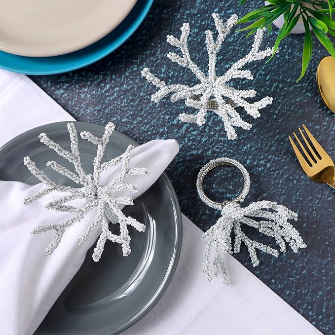 CLEENTABLE Beaded Napkin Rings Set for Dining Table - Elegant Pearl White Glass Beads with Silver Finish – Perfect for Weddings, Coastal Décor, Parties & Holiday Entertaining (White)