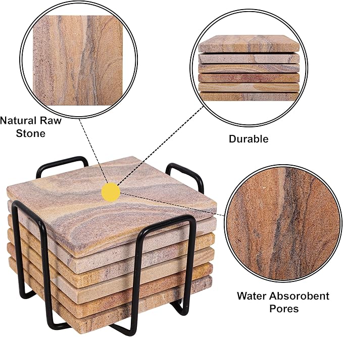Sandstone Water Absorbent Hand Crafted Square Coasters for Drinks - 4 Inches Wide Thirsty Stone Bar/Drink Coasters- Made from Rainbow Sandstone (Set of 6 with Holder)