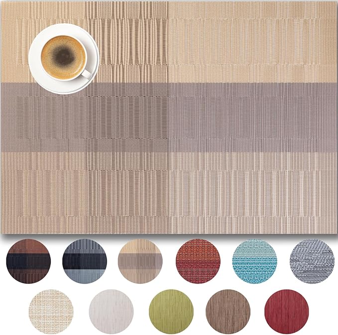 Placemats Set of 6 - Easy Clean Woven Vinyl Placemats for Dining Table, Indoor/Outdoor Place Mats, Washable PVC Table Mats （Gold Dune）