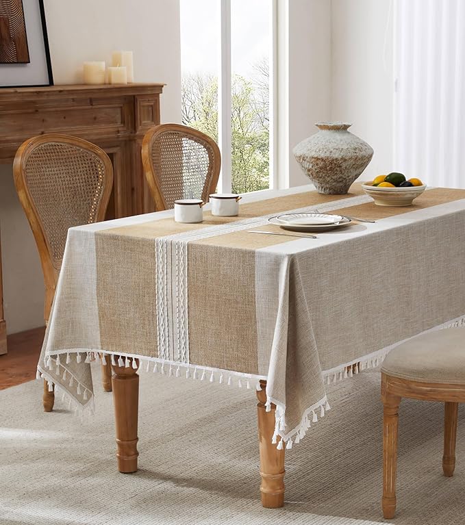 ZeeMart Contrast Linen Table Cloth Rectangle Table Cloths 52x70 Inch Mid-Stripe Brown, Farmhouse Style Heavy Weight Beige Tablecloth, Water Resistant Burlap Tablecloths