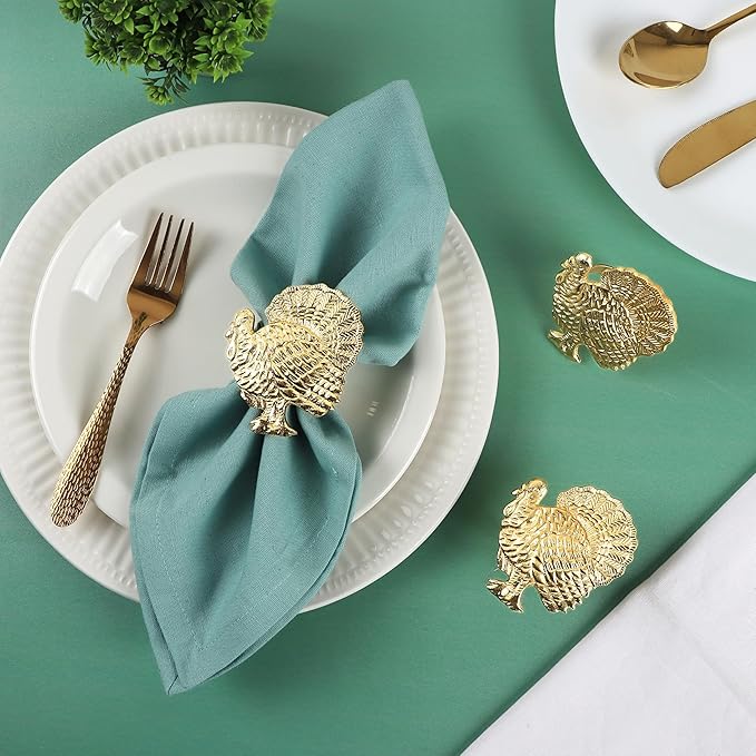 Napkin Rings Set of 12, Metal Napkin Holder Cuffs for Dinner Table Décor, Thanksgiving Turkey Bird Farmhouse Modern Serviette Rings for Christmas, Weddings, Receptions, Gold - CLEENTABLE
