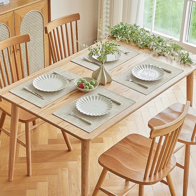 Softalker Faux Linen Placemats Set of 12-12 x 18 Inch, Heat Resistant Double Layered Durable Burlap Farmhouse Place Mats, Non-Slip Washable Rustic Table Mats for Dining, Kitchen, Party（Beige