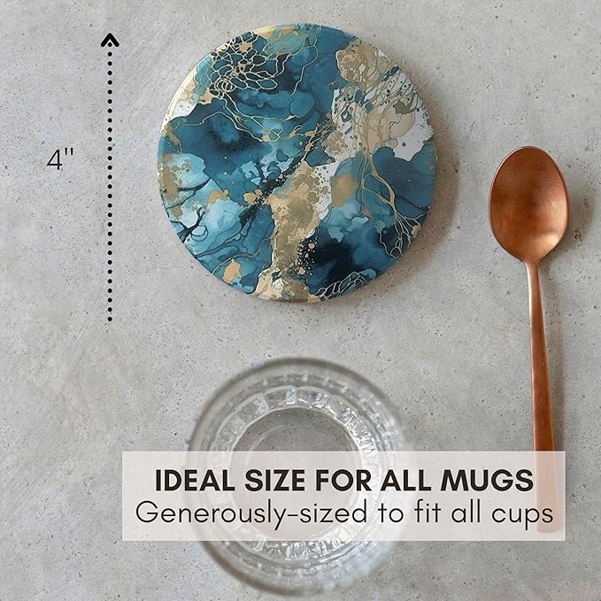 Ceramic Absorbent Coasters Set of 6 with Holder, Marble Drink Coasters for Coffee Table, Water Absorbing Coaster (Teal)