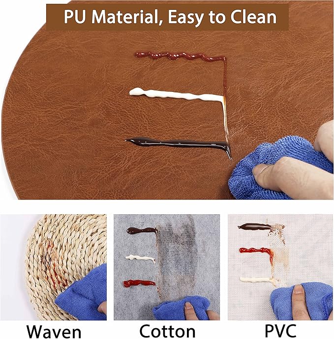 Embossed PU Leather Placemats, Waterproof Coffee Coasters, Kitchen Table Mats, Easy to Wipe Off for Dining Round Table