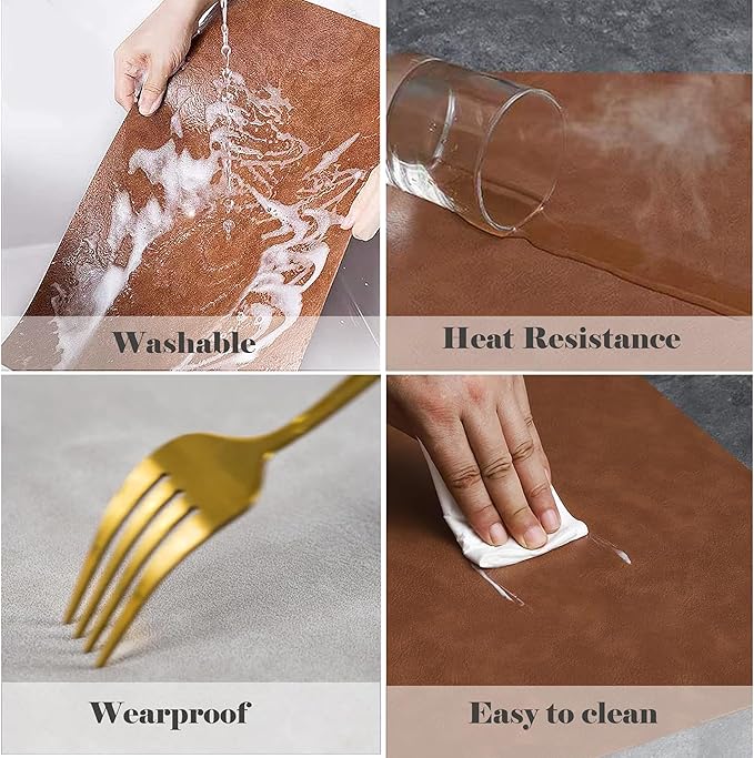 Cowhide Pattern PU Leather Placemats Set of 6 Heat Resistant Kitchen Table Mats, Non-Slip Dining Table Decorations, Double-Sides Waterproof Wipeable Place mats(Beige)