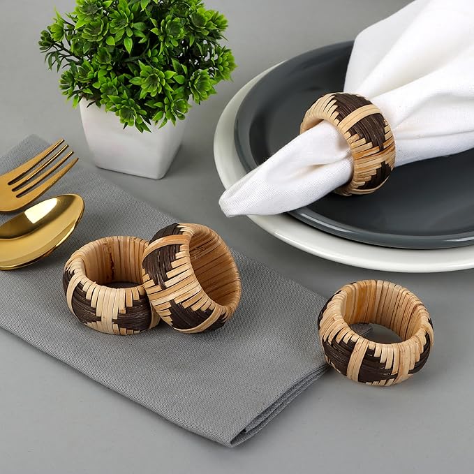 CLEENTABLE Cane Napkin Rings - Elegant Fall Napkin Rings for Table Decoration - Handwoven Natural Rattan Set of 12 Napkin Ring Suitable for Table Decor, Dining, Events, and Everyday Use (Brown)