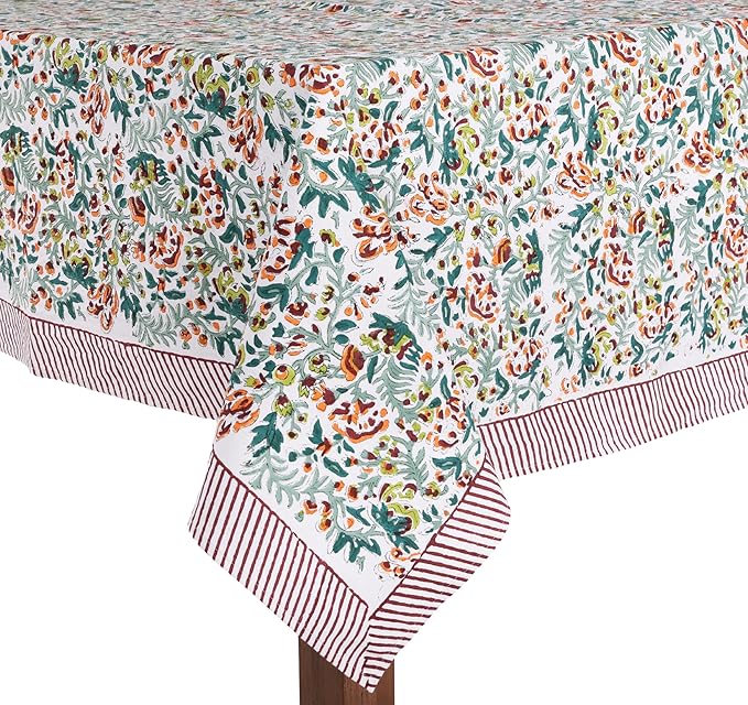 ATOSII Ambrosia Green 100% Cotton Boho Rectangle Spring Tablecloth, Handblock Floral Print Table Cloth Linen for Kitchen Dining I Parties Outdoors Weddings Easter Picnics I 72 X 108 Inches I 8 Seater