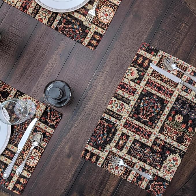 DaDa Bedding Turkish Batik Mughal Floral Tapestry Set of 4 Placemats - Woven Cotton Linen Kitchen Dining Table Mats - Multi-Colorful Black Vintage Indian Garden Ornament Dark Botanical - 13” x 19”
