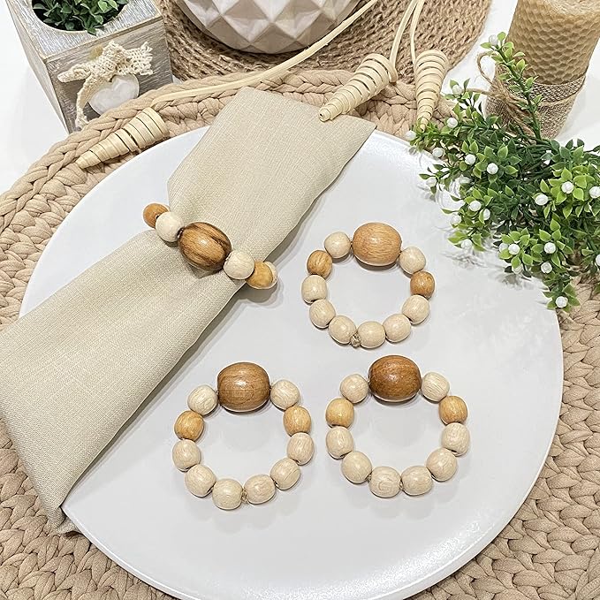 Napkin Rings Set of 6 - Wooden Beads Napkin Rings | Rustic Wooden Napkin Ring Holder for Table Decoration Handmade LEBEJUA Napkin Ring with Wood Beads & Napkin Holder with Jute Twine