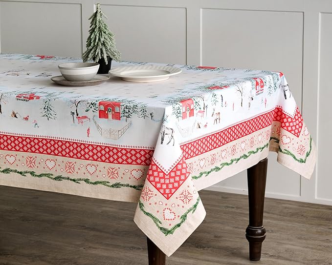 Maison d' Hermine Table Cloth Rectangle Table 100% Cotton 70 x 108 Inches Fall Tablecloth Reusable Everyday Use for Thanksgiving Christmas Decorations Dining Farmhouse Party (Rural Christmas)