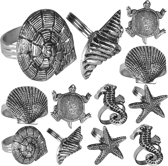 ALPHA Living HOME Napkin Rings Set of 12, Premium 100% Metal, Rust-Resistant Tabletop Décor - Antique Coastal Sea Shell Napkin Holdersfor Family Dinner, Wedding, Party, Decorations - Antique Silver