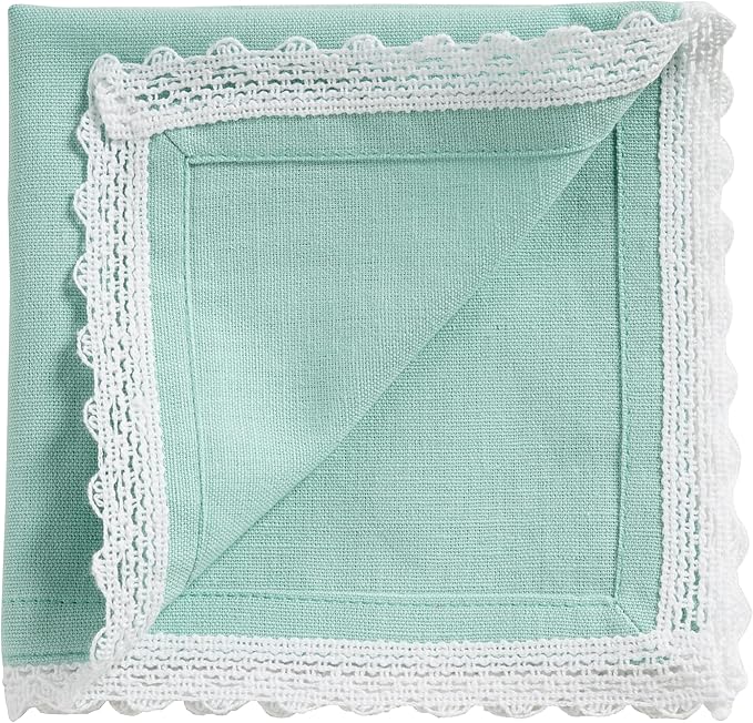 Fingercraft Dinner Cloth Napkin Cotton Linen Blend 12 Pack Mitered Corners with Elegant Lace for Everyday Use Napkins are Pre Shrunk and Good Absorbency (Aqua, 12in x 12in)
