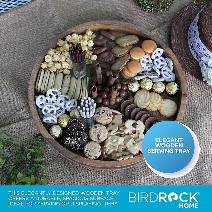 BIRDROCK HOME Wooden & Iron Chip Dip Serving Tray w/Glass Dip Bowl | Extra Large Decorative Kitchen Platter | Salsa, Guacamole, Veggies, Cheese | Decor for Coffee Table, Dining & Living Room - Round