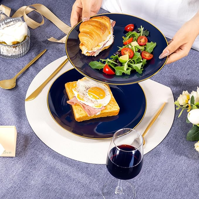 bUCLA 100PCS Blue Plastic Plates - Navy Blue Disposable with Gold Rim, Include 50 Each (10 inch Dinner & 7 inch Dessert) Plates, Ideal for Party and Hanukkah