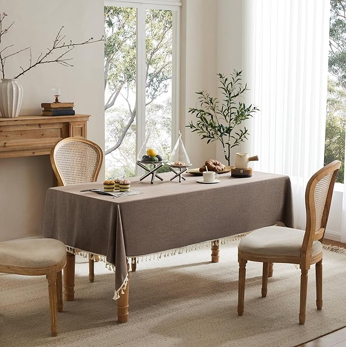 Linen Tablecloth with Tassels, Farmhouse Style Brown Tablecloth, Water Resistant Burlap Tablecloths for Square Table, 52x52 Inch Cocoa Brown