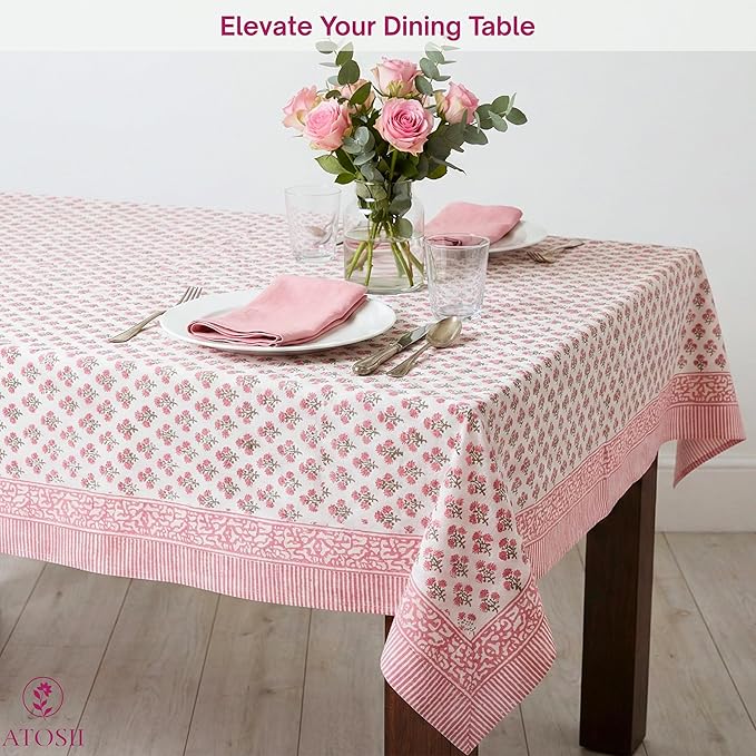 ATOSII Gulbahar White Pink 100% Cotton Fall Rectangle Tablecloth, Handblock Print Floral Table Cloth for Kitchen Dining Linen I Thanksgiving Christmas Weddings Outdoors I 72 X 120 Inches I 10 Seater