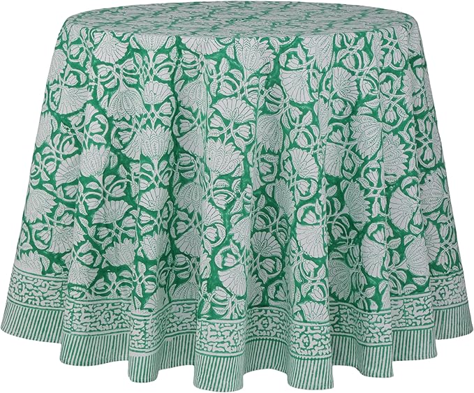 ATOSII Meadow Green 100% Cotton Summer Round Tablecloth, Block Print Table Cloth for Dining, Weddings, Outdoors, Parties I Grand Millenial Farmhouse Coastal Boho Home Decor 72" Inches 4 Seater