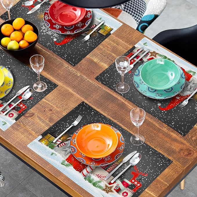 Giwawa Christmas Gnome Placemats, Xmas Elf Reindeer Place Mat for Kitchen Dining, Winter Snowflakes Non-Slip Washable Table Mats for Tabletop Holiday Camping Decor, Set of 4, 12"x18"