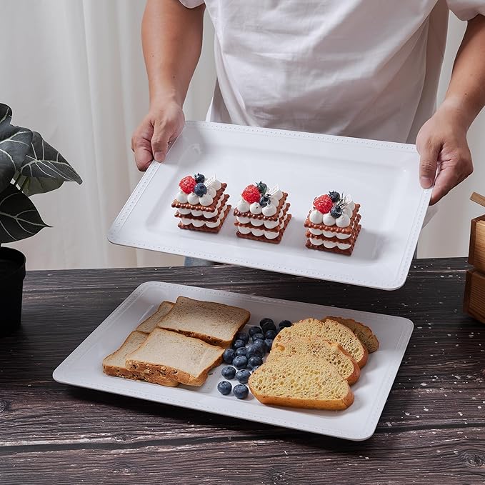 Melamine Beaded Serving Platters for Appetizer, Veggie, Charcuterie,Dessert, Set of 4, White Serving Trays for Party & Entertaining, Large Unbreakable Rectangular Party Platters, Dishes