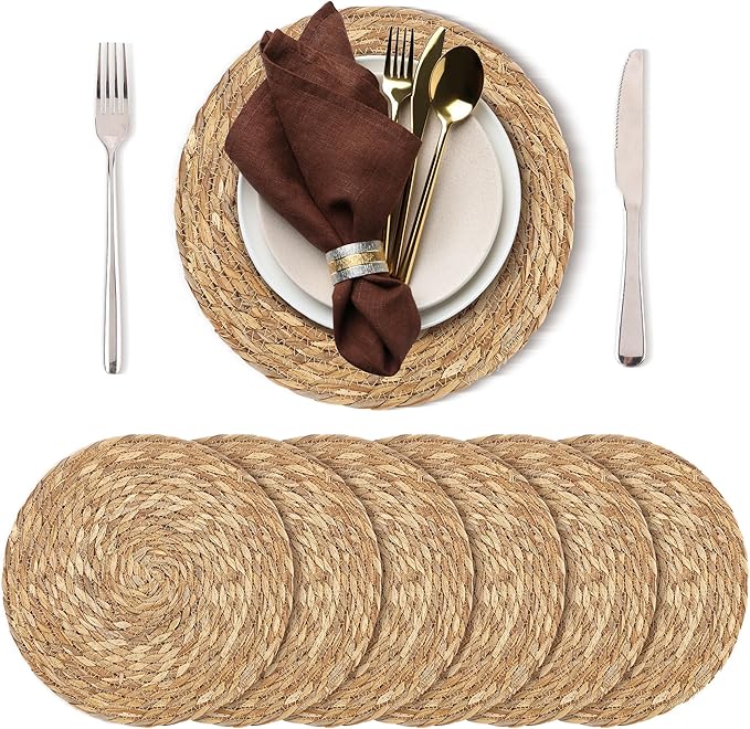 Kochorie Set of 6 Round Woven Placemats - 12 Inch Natural Boho Rattan Wicker Table Mats for Home Dining Table