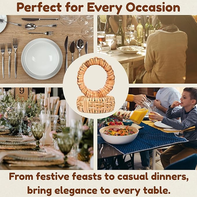 CLEENTABLE Rustic Napkin Rings Set of 12 - Elegant Round Cane Napkin Rings, Easy to Clean, Durable Versatile for Table Settings, Special Occasion, Easter Table Decor & Gift Giving Ideas (Natural)