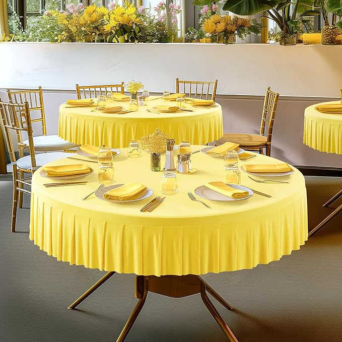 1 Pack Yellow Spandex Round Tablecloths for 72in Table, Stretchy Fitted 6FT Round Table Cloths, Wrinkle Free Table Cover with Skirt for Wedding Birthday Party Bridal Shower Banquet