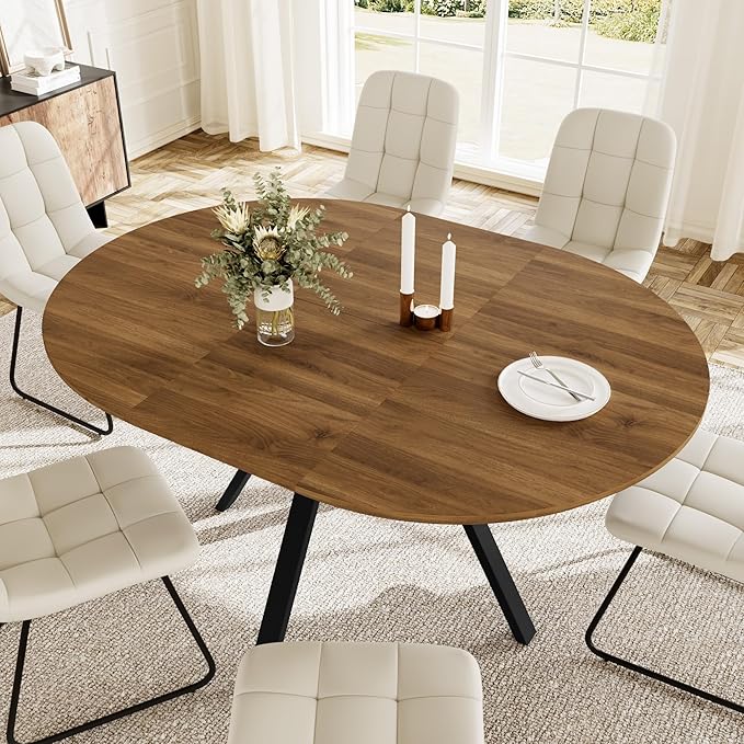 Extendable Round Dining Table Set for 6 People, 43.3"-59.1" Extendable Kitchen Table with 6 Upholstered Chairs, Space Saving for Kitchen Dining Room (Walnut Table+6 U-Shaped White Chairs)
