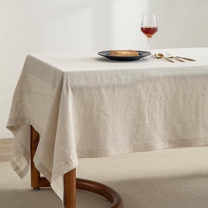 EVERLY Pure Linen Hemstitch Tablecloth,100% Stonewashed French Linen tablecloths for Kitchen Dining Rectangle Tables,60x132Inch Machine Washable Christmas Thanksgiving Organic Tablecloth-Natural Linen