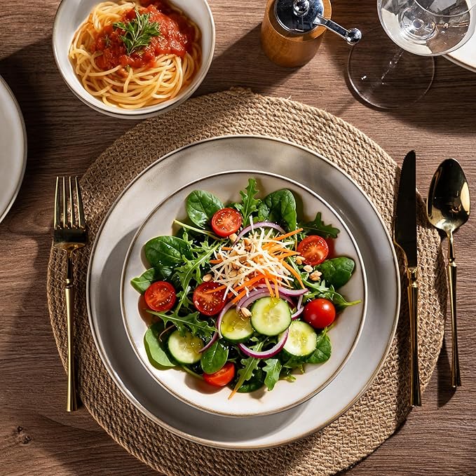 AmorArc Stoneware Dinnerware Sets for 6, 18 Pieces Handpainted Ceramic Plates and Bowls Set, Scratch Resistant Dishes Set, Dishwasher & Microwave Safe, Cappuccino