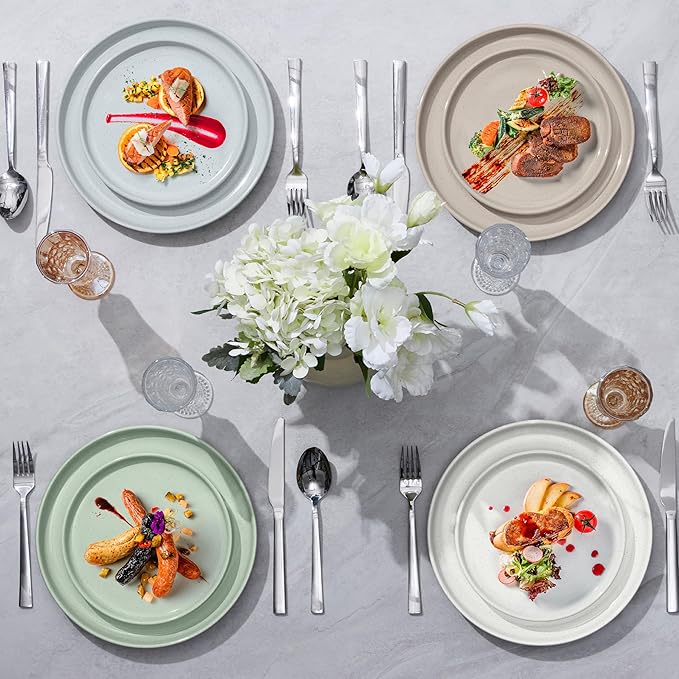 LIANYU Stoneware Dinner Plates Set of 4, 10.5 Inch Porcelain Kitchen Plates, High Edge Flat Dishes Set for Steak, Salad, Dessert, Microwave & Dishwasher & Oven Safe, Scratch Resistant, Milky Brown
