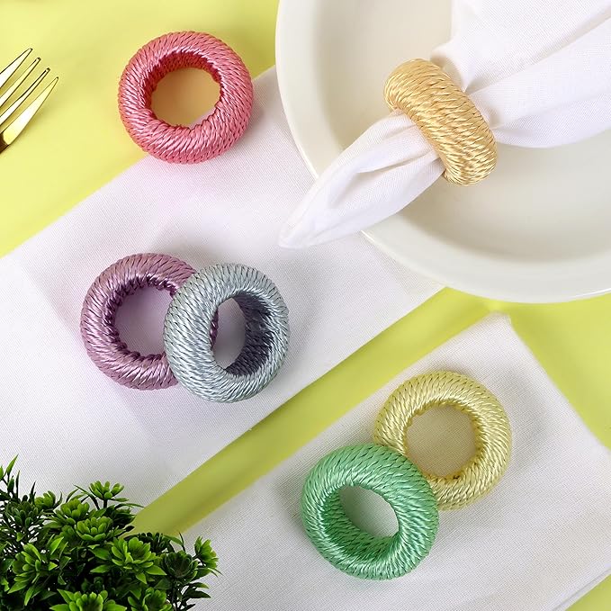 ALPHA Living HOME Woven Rayon Napkin Rings Set of 12 - Elegant Napkin Holder for Cloth Napkins for Dining Table - Boho Home Decor for Easter, Holiday, Christmas, Everyday Dinner Party (Pastel Color)