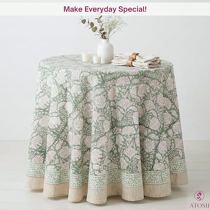 ATOSII Jade 100% Cotton Boho Round Tablecloth, Block Print Floral Table Cloth Linen for Dining, Parties, Weddings, Outdoors I Table Decor 72" Inches Diameter I