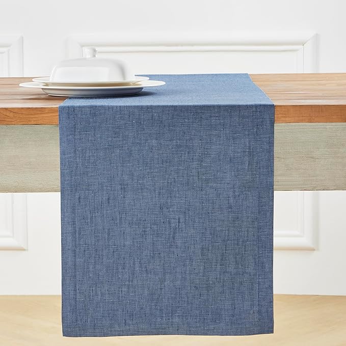 Solino Home Linen Table Runner 90 Inches Long - Athena, 100% Pure Linen Blue Denim Dining Table Runner 14 x 90 Inch for Winter, Spring, Easter