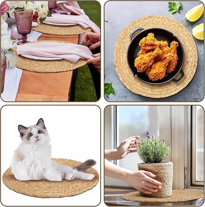 Kochorie Set of 6 Round Woven Placemats 12-Inch Natural Water Hyacinth Plant Placemats Hand-Woven Boho Rattan Placemat Wicker Weave Table Mats for Home Dinner Plates Holiday Supplies