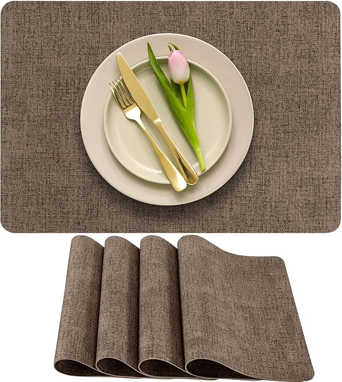 More Décor Faux Leather Placemats Set of 4 for Dining Table – Waterproof, Wipeable, Washable, Stain & Heat Resistant, Non-Slip Table Mats – 12 X 17 Inch, Brown
