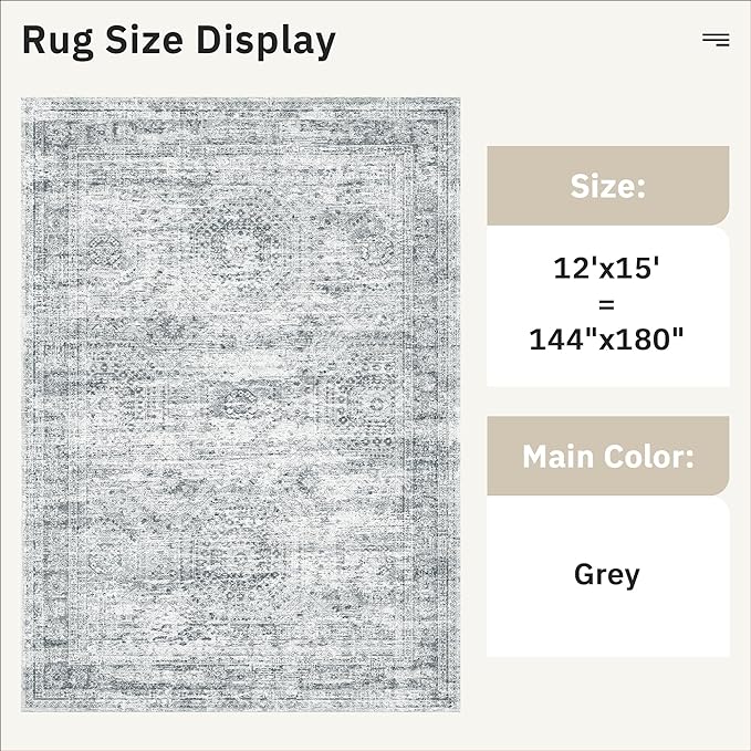 12x15 Washable Area Rug Gray Neutral Abstract Living Room Large Carpet Non Slip Bedroom Indoor Office Dining Room Low Pile Thin Grey Rug