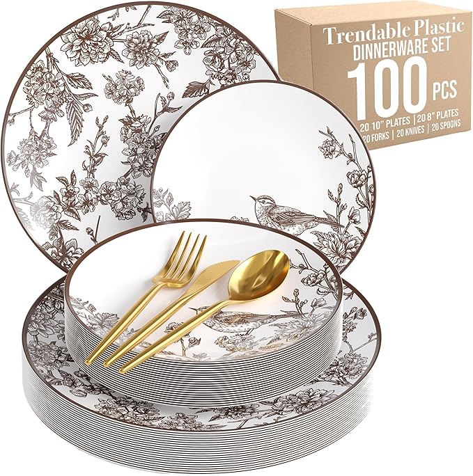 Trendables Fancy Plastic Dinnerware Sets 100 Pc Set 20 Guests Gold Silverware Disposable 20 X 10 Inch Charger Plates 20 X 8 Inch Dessert Plates 20 x Gold Plastic Forks and Spoons Knives In Rustik