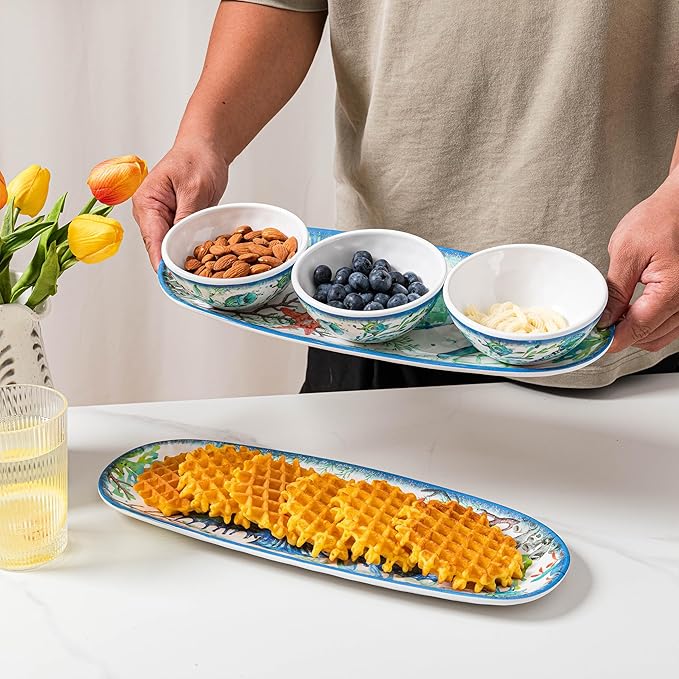 LEHAHA Coastal Chip and Dip Serving platter Set, Set of 3, Melamine Bowl and Tray Gift Set,Serving Dishes for Entertaining, Small Serving Bowls for Side Dishes, Salsa, Appetizers, Condiments.