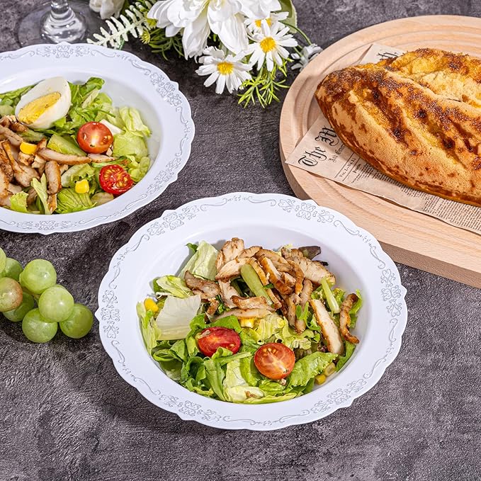 DaYammi 100 Pack Plastic Bowls with Silver Rim, 12oz Disposable Soup Bowls, Heavy Duty Dinner Bowls for Weddings, Silver Disposable bowls Parties, Dinners, Catering and Everyday Use