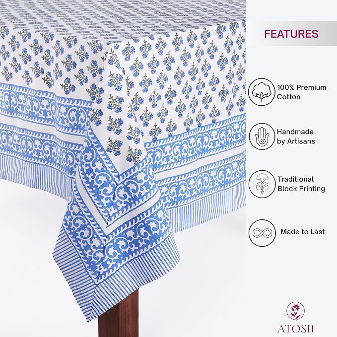 ATOSII Gulbahar Blue 100% Cotton Fall Rectangle Tablecloth, Hand Block Print Washable Table Cover, Christmas Parties Buffet Dining, Weddings, Thanksgiving Autumn Home Decor, 60 X 108 Inches 8 Seater