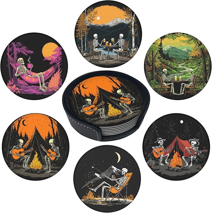 Halloween Skull Coasters Leather Round Drink Coasters 6 Pcs Set with Holderor for Cup Drink Coffee Table Bar Home Decor