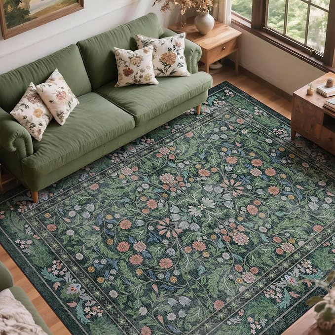 Green Floral 8x10 Area Rugs for Living Room Large Washable Rug Vintage Forest Low Pile Non Slip Stain Resistance Soft Carpet for Dining Room, Bedroom, Office Rug, Kids Room, Nursery Room, Playroom